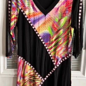 Lior Paris Black Top Dress Tunic colorful Geometric Pattern 3/4 Sleeveless